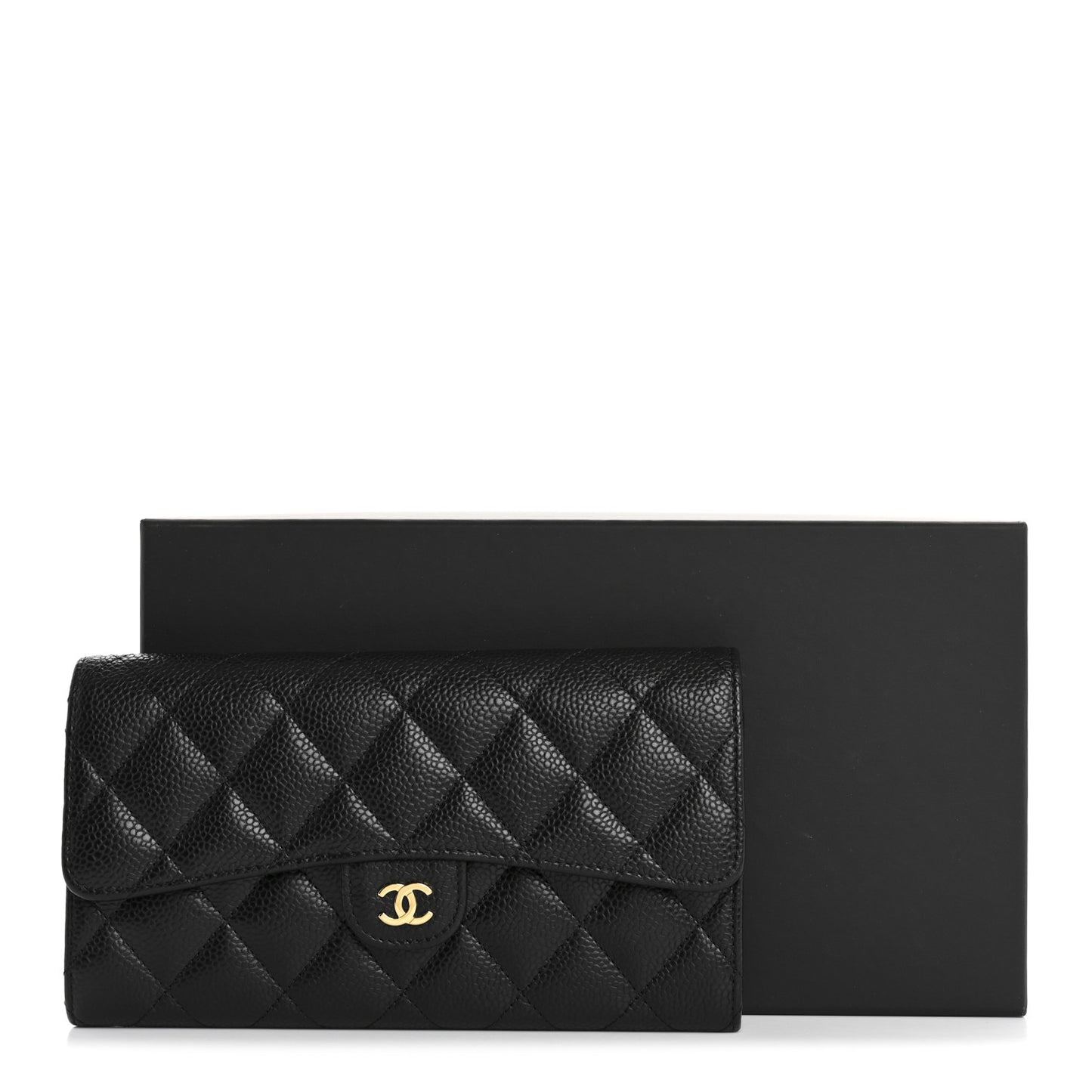 Caviar Quilted Large Gusset Flap Wallet Black