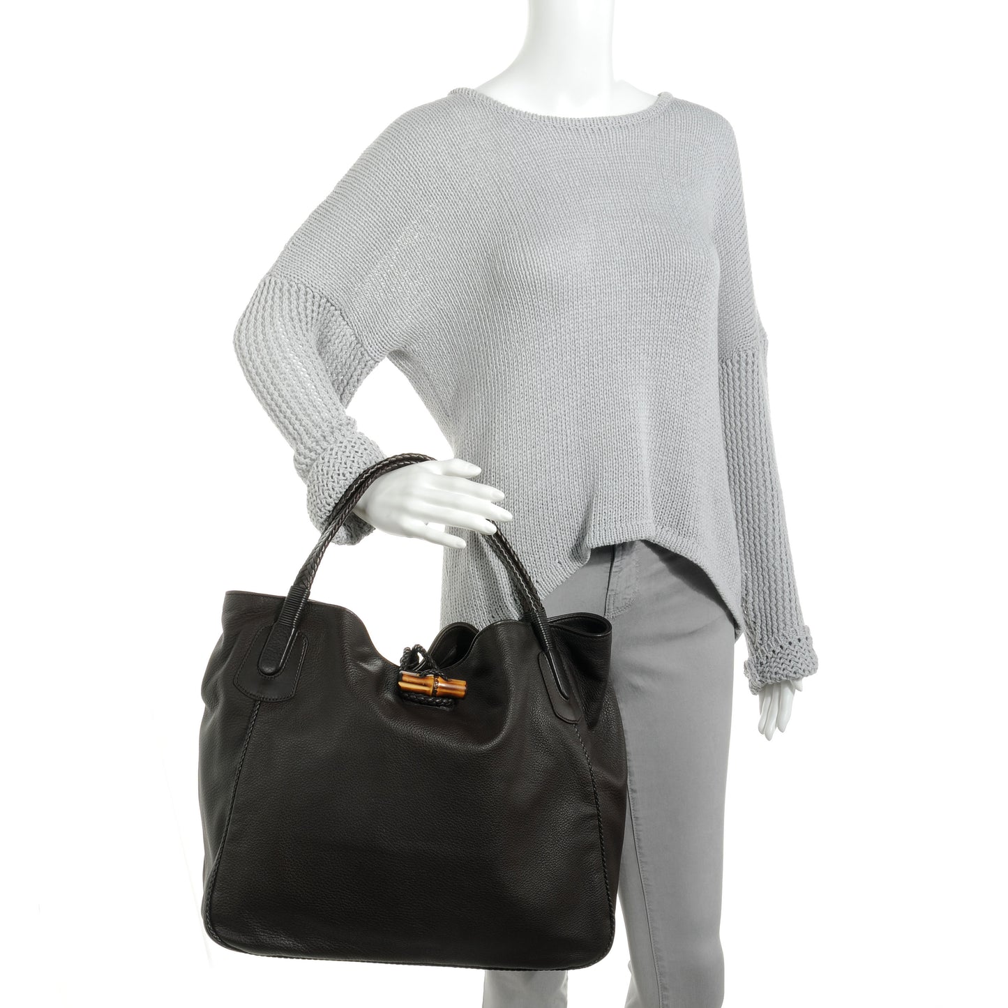 Deerskin Large Hip Bamboo Shoulder Bag Dark Cocoa