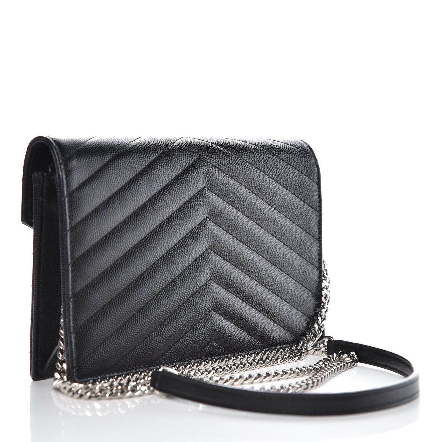 Grain De Poudre Matelasse Chevron Monogram Envelope Chain Wallet Black