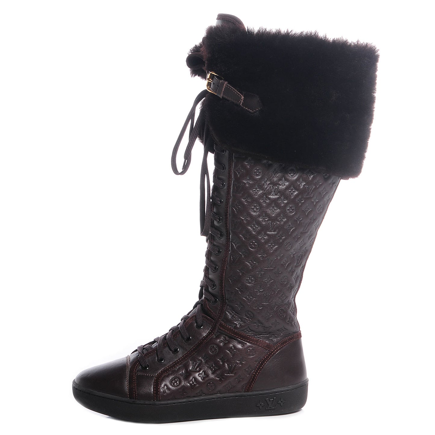 Calfskin Embossed Lamb Fur Polka Tall Boots 37 Brown