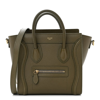 Celine Drummed Calfskin Nano Luggage Dark Olive 1 of 13
