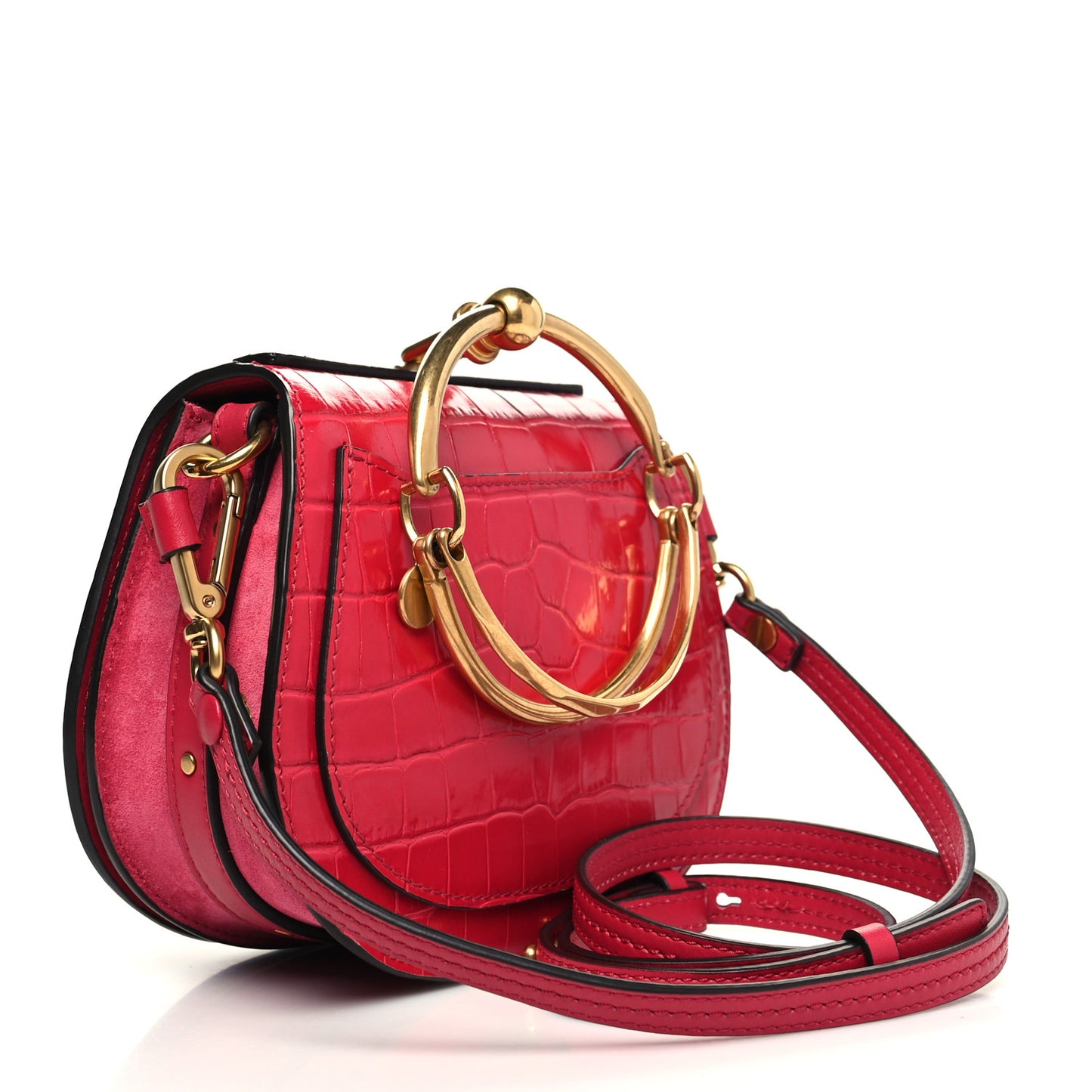 Calfskin Suede Crocodile Embossed Small Nile Bracelet Bag Crimson Pink