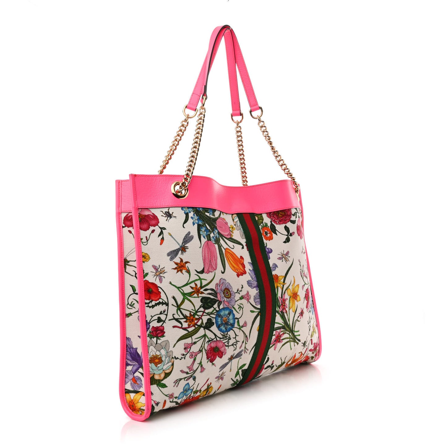Canvas Flora Large Rajah Chain Tote White Multicolor Fuxia Fluo