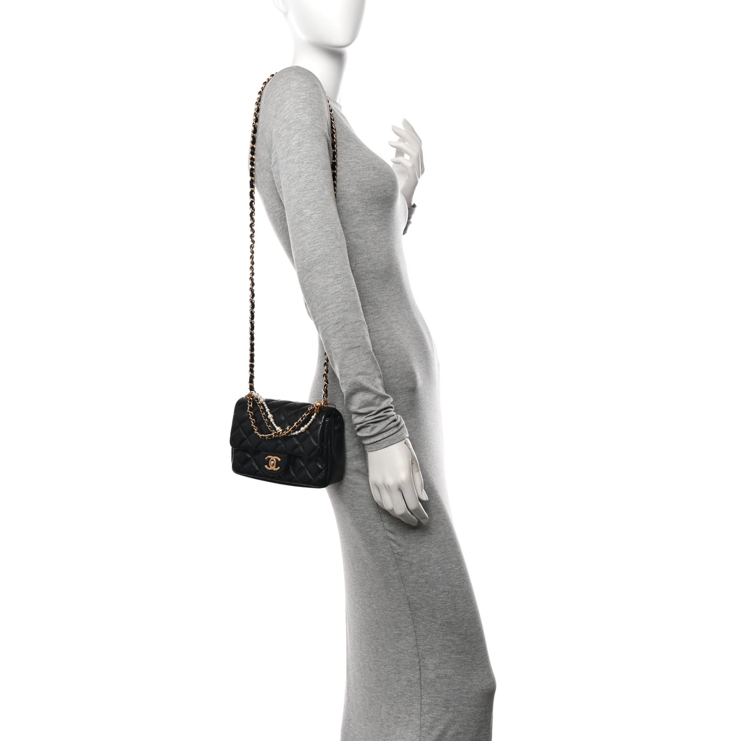 Shiny Lambskin Quilted Pearl Twist Mini Square Flap Black