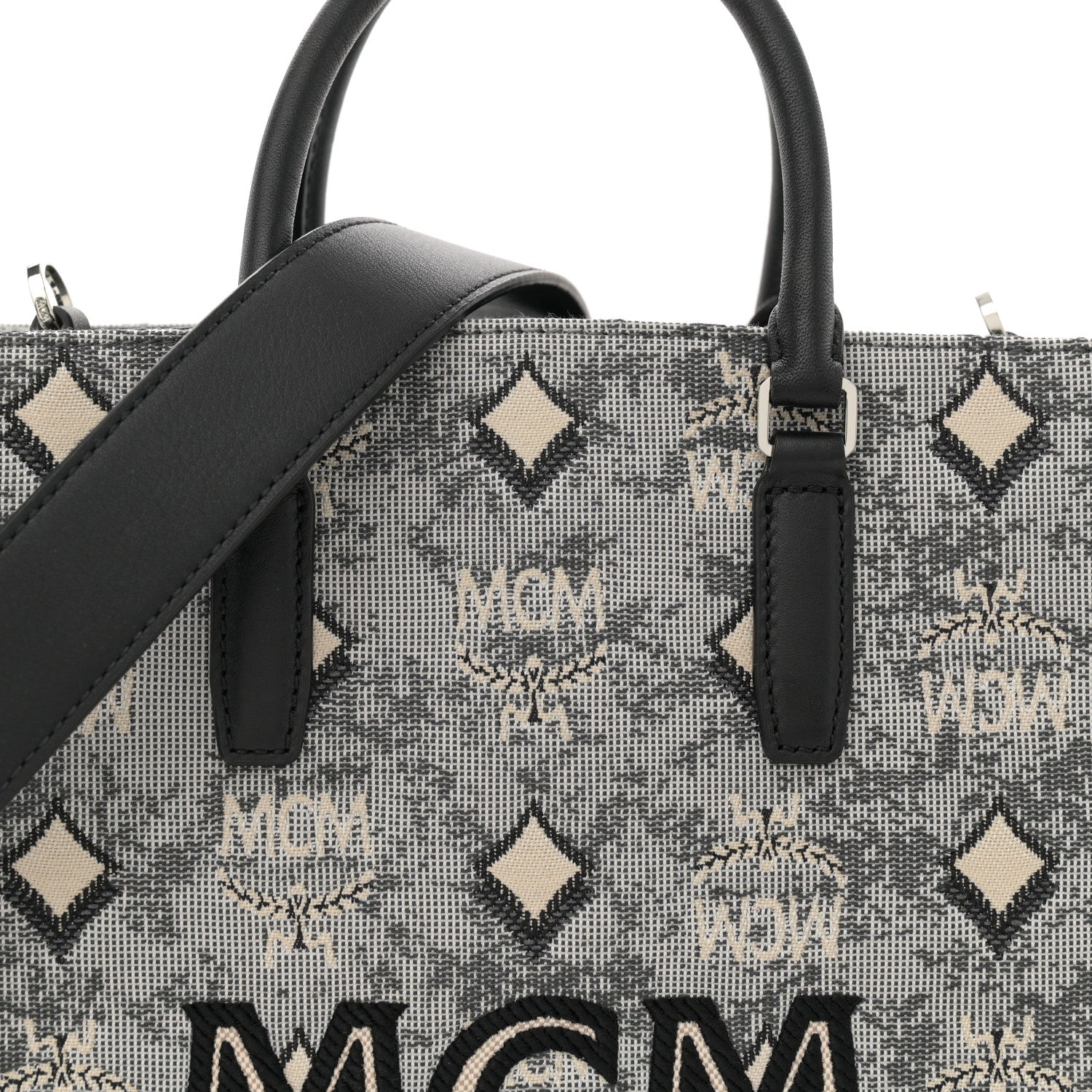 MCM Vintage Jacquard Monogram Small Munchen Tote Grey 7 of 10