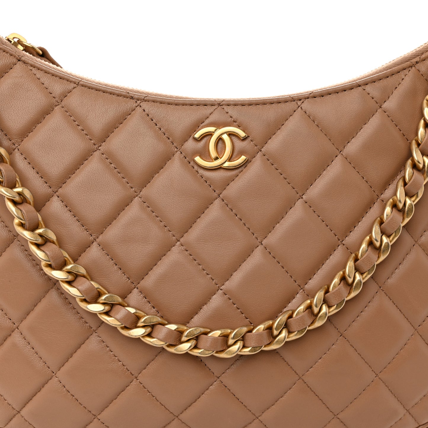 Shiny Crumpled Lambskin Quilted Large Trendy Chain Around Hobo Dark Beige