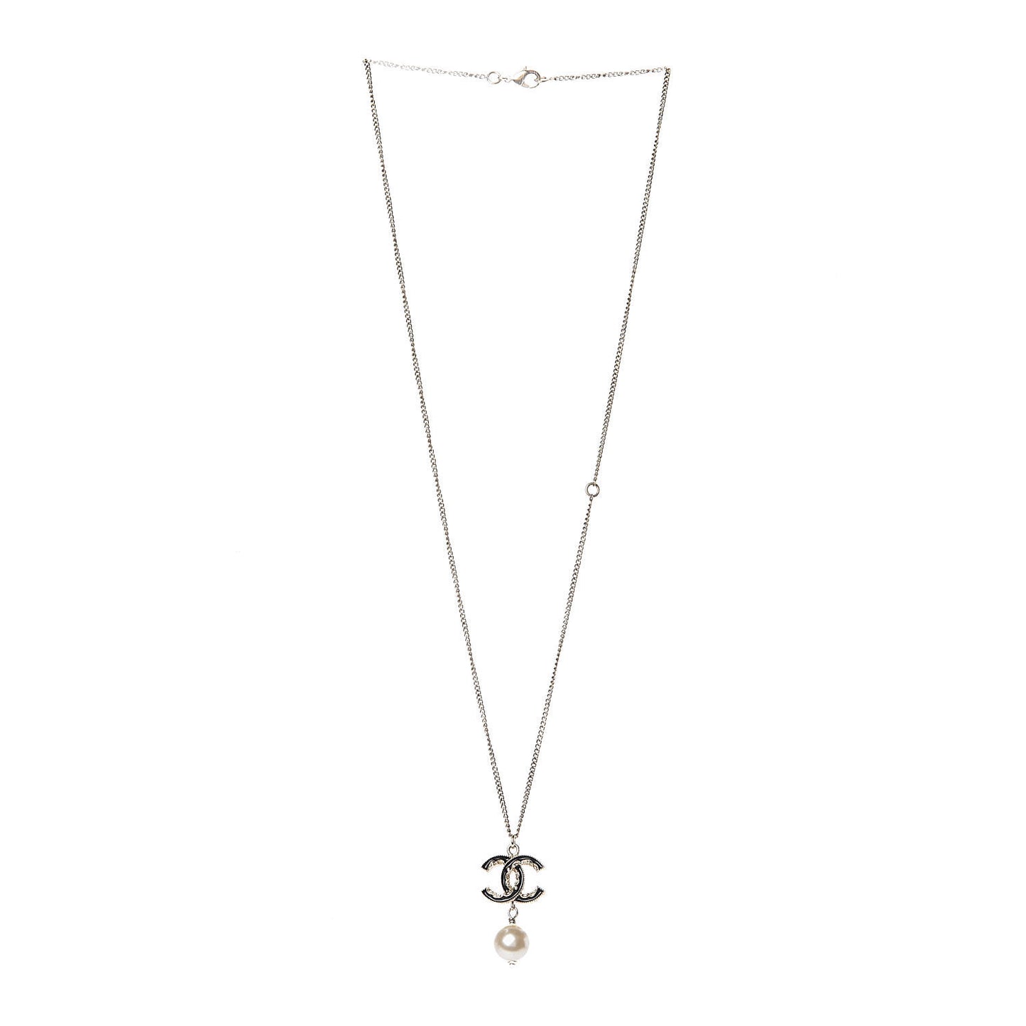 Enamel CC Baroque Pearl Drop Necklace Black Gold
