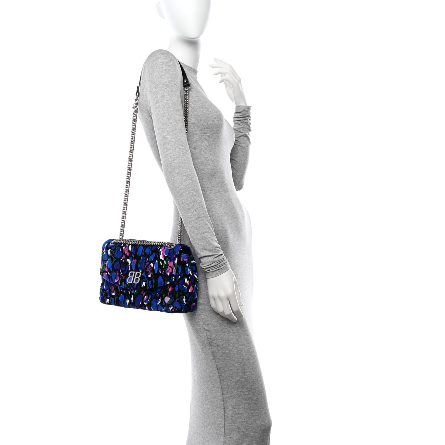 Velvet Floral Quilted M BB Round Shoulder Bag Bleu