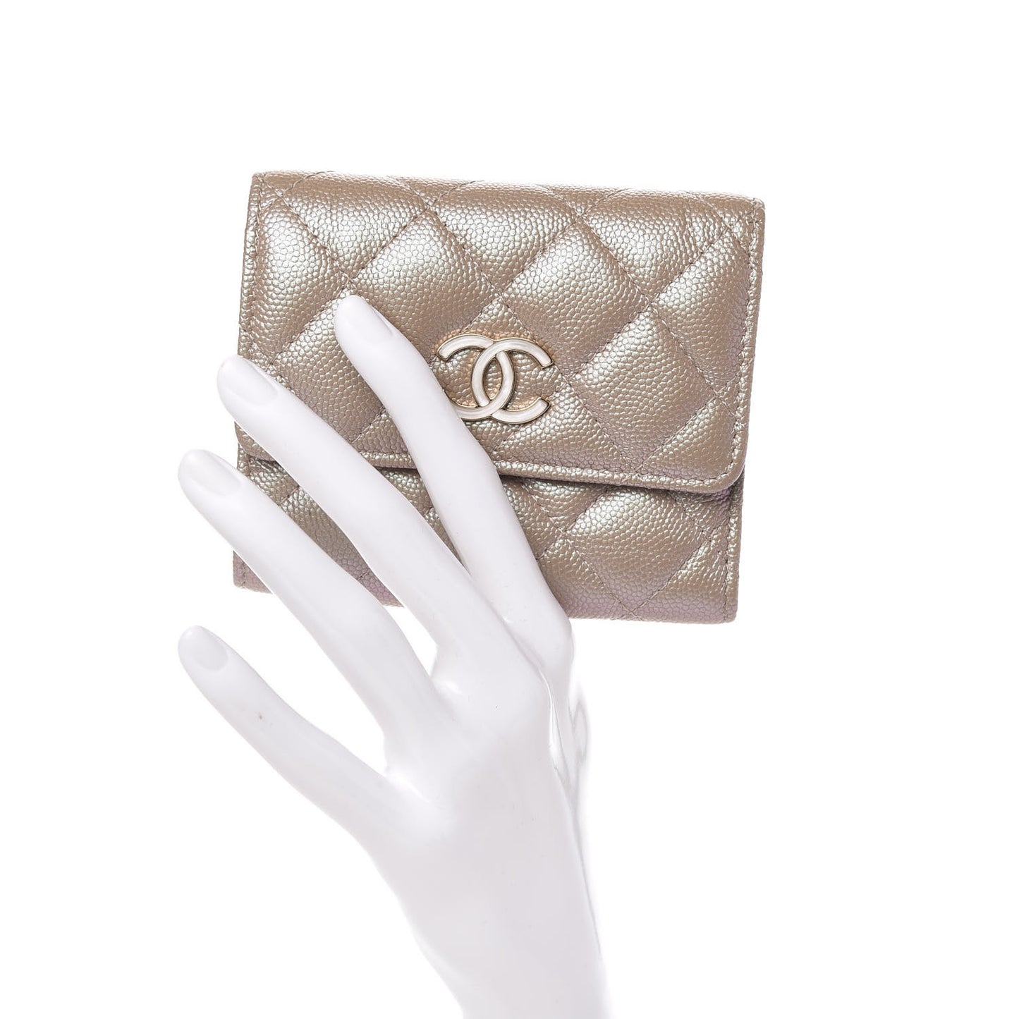 Iridescent Caviar Quilted Small Flap Wallet Beige