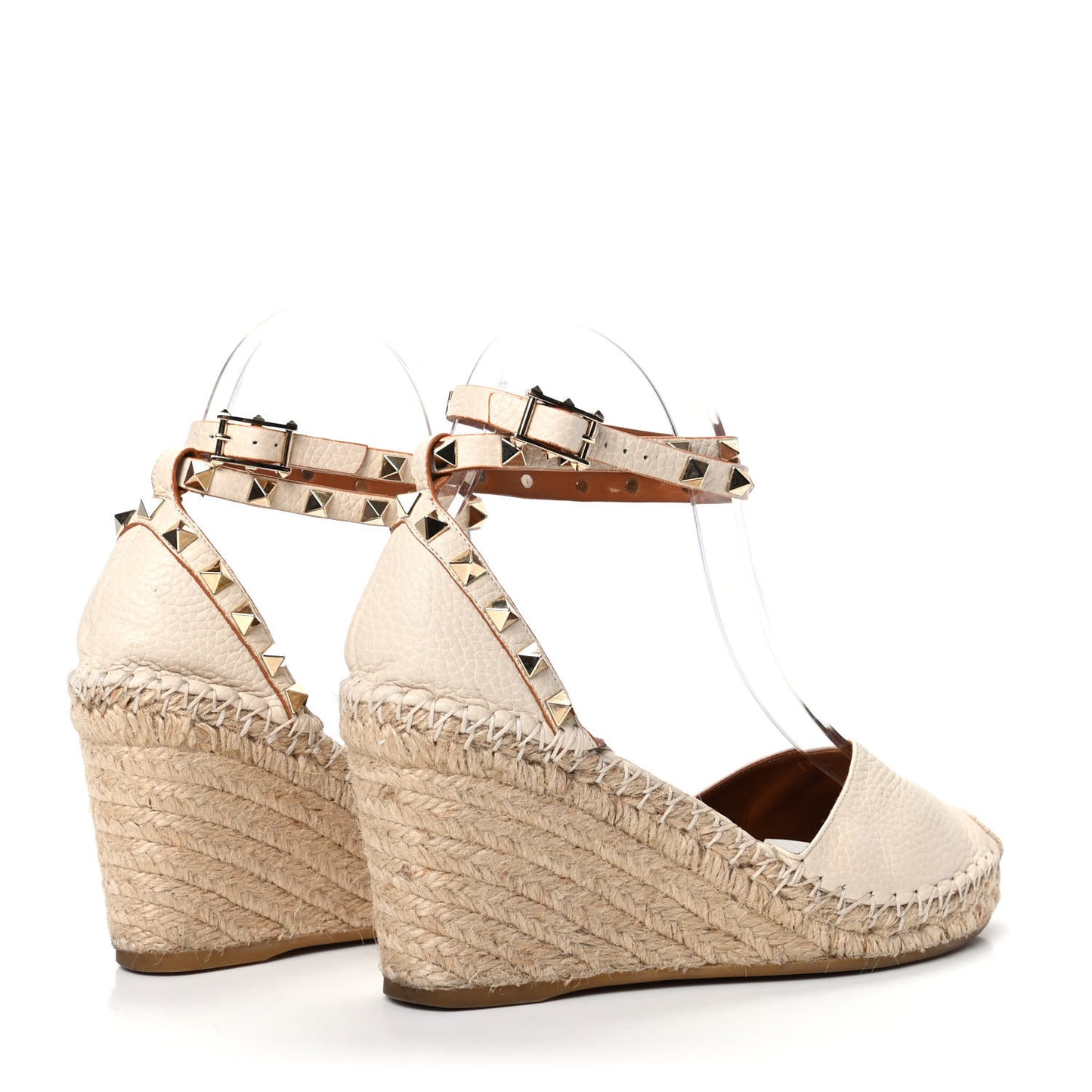 Grained Calfskin Rockstud Ankle Wrap Espadrille 15/85mm Wedges 37 Light Ivory