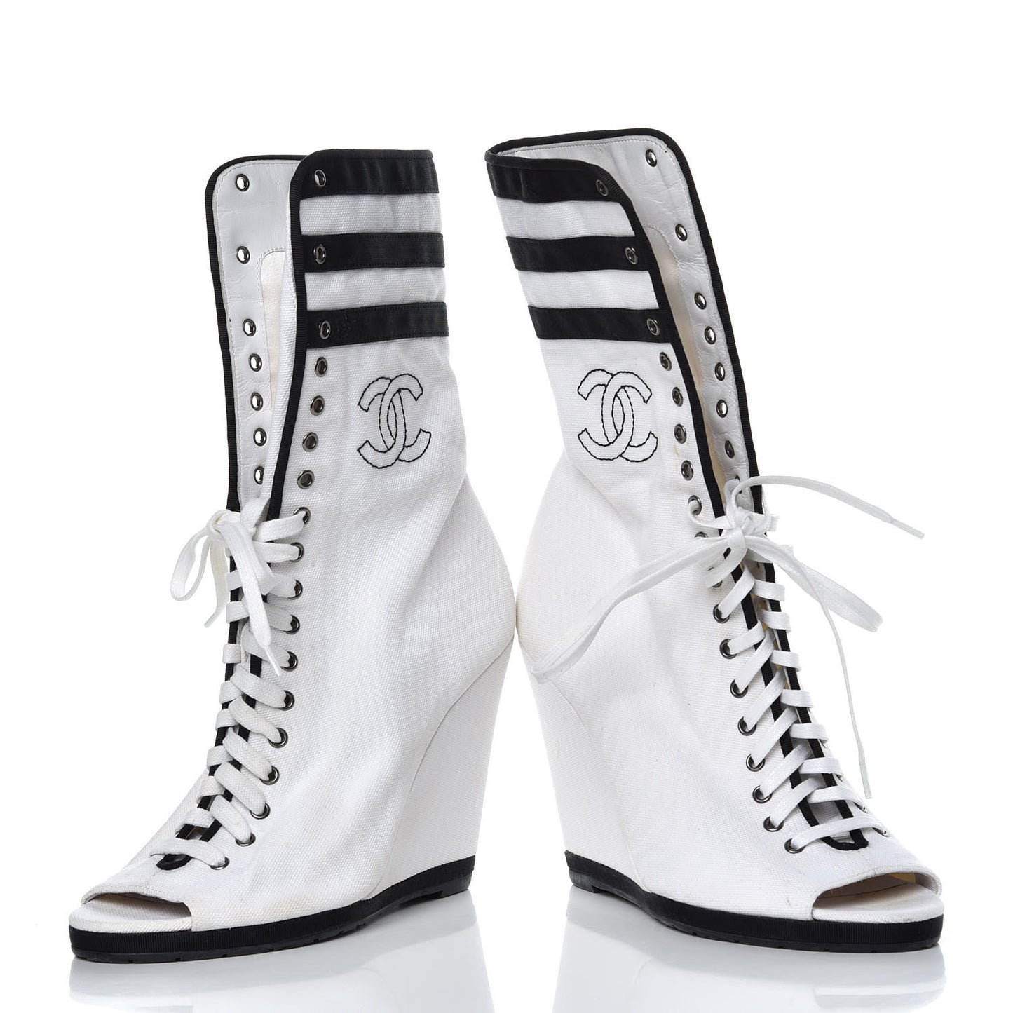 Canvas Lace Up Wedge Boots 37.5 White Black