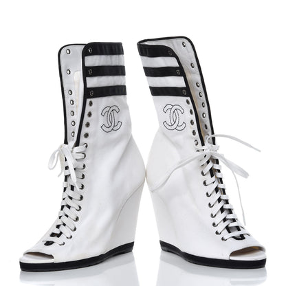 Chanel Canvas Lace Up Wedge Boots 37.5 White Black 7 of 13