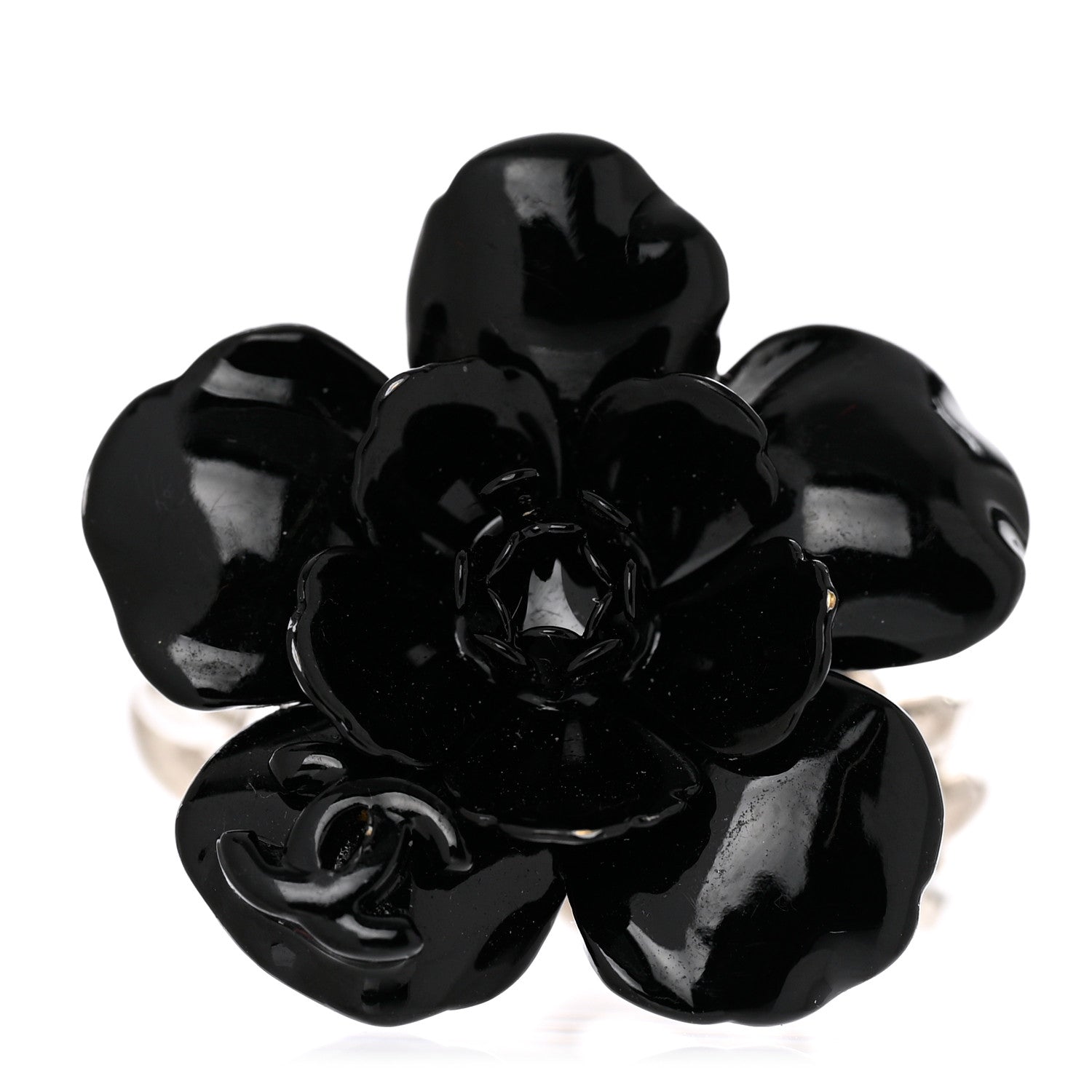 Chanel Palladium Resin CC Camellia Ring 7.5 Black 1 of 5