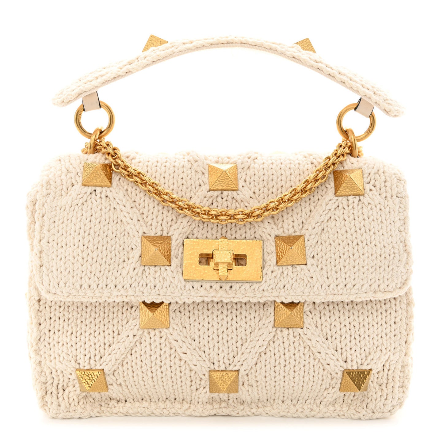 Knit Medium Roman Stud Shoulder Bag Ecru