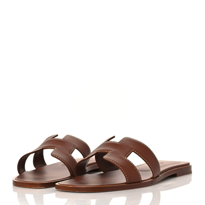 Hermes Box Calfskin Oran Sandals 38.5 Gold 3 of 9