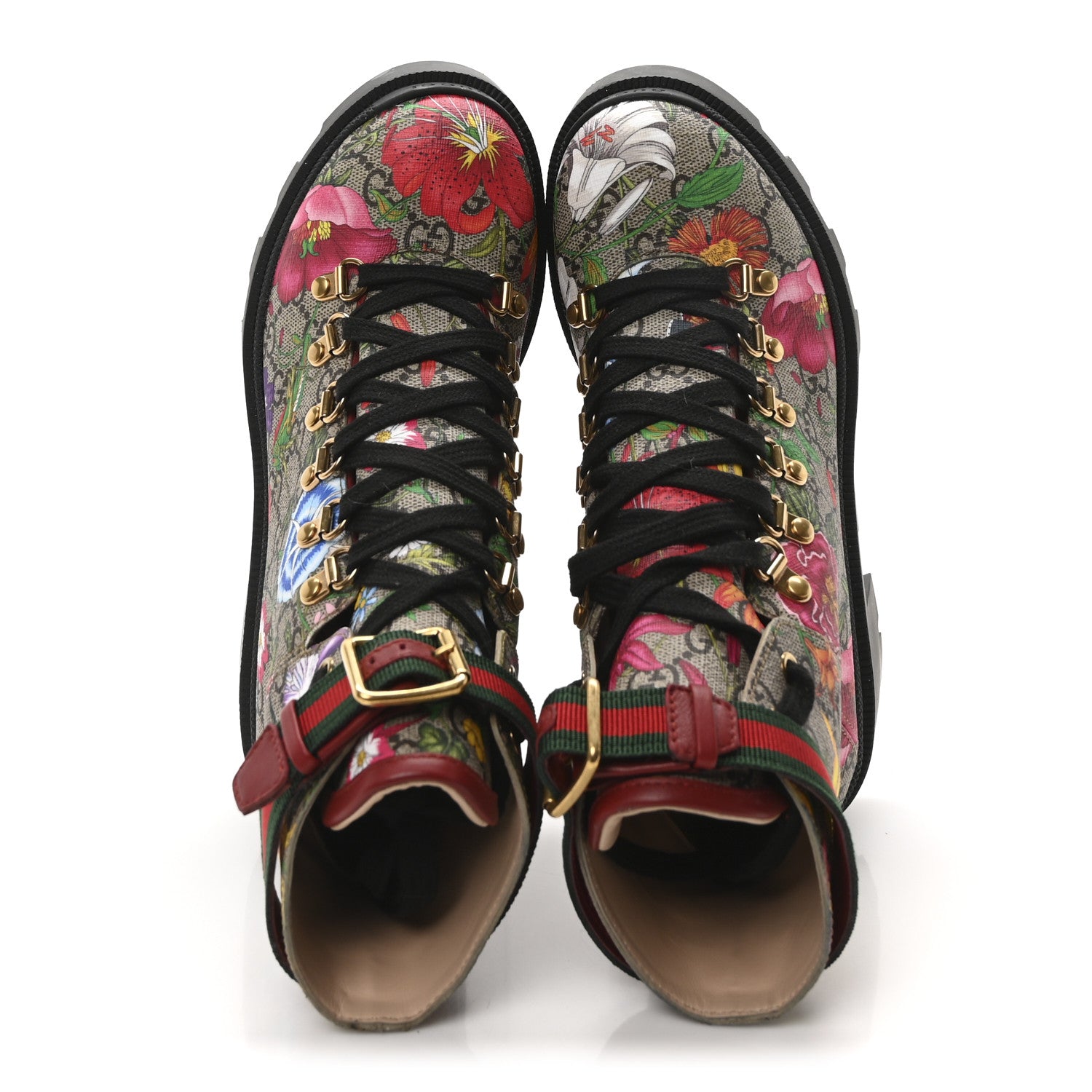Gucci GG Supreme Monogram Flora Lace Up Combat Ankle Boots 37.5 Beige Multicolor Red 4 of 18