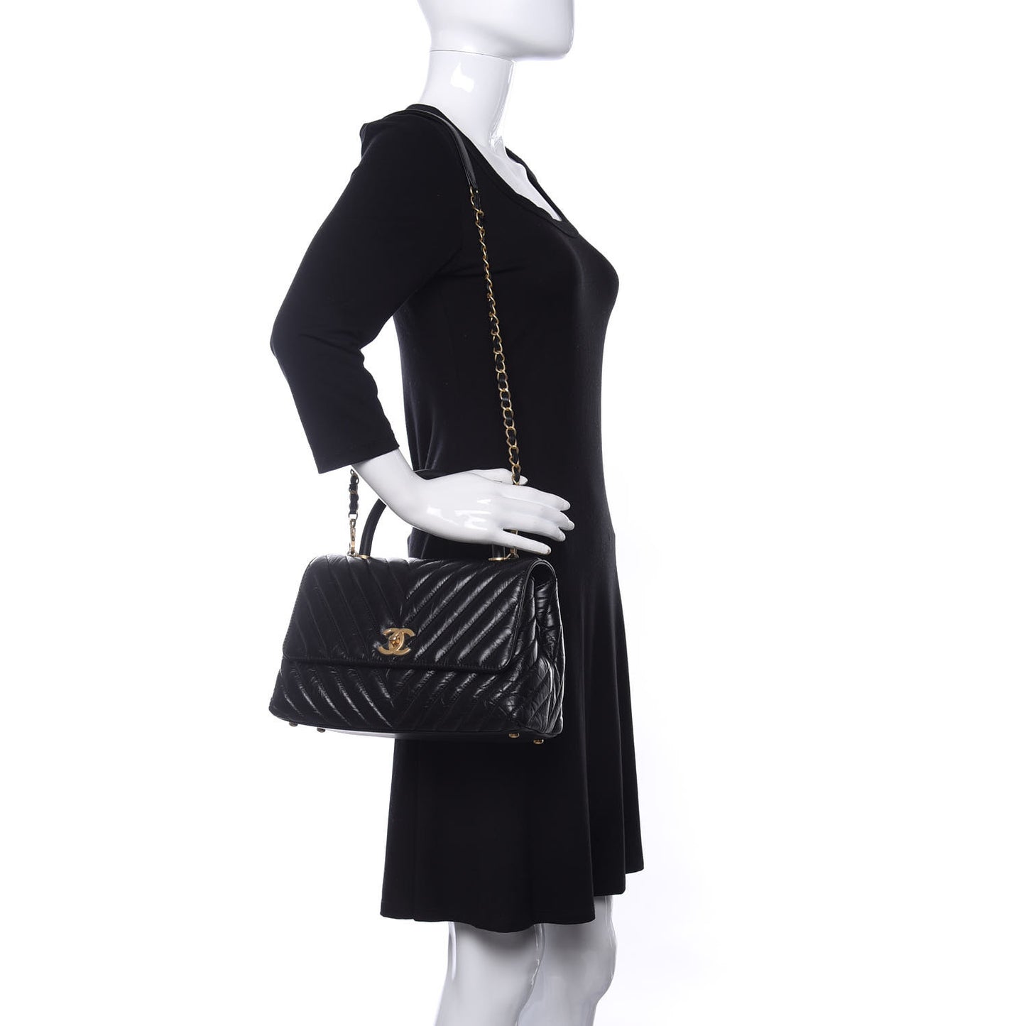 Aged Calfskin Chevron Quilted Small Coco Handle Flap Black