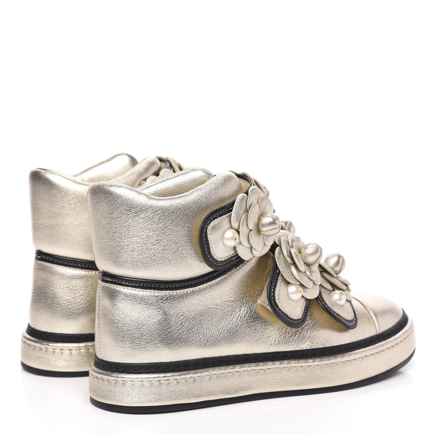 Metallic Lambskin Camellia High Top Sneakers 36 Gold