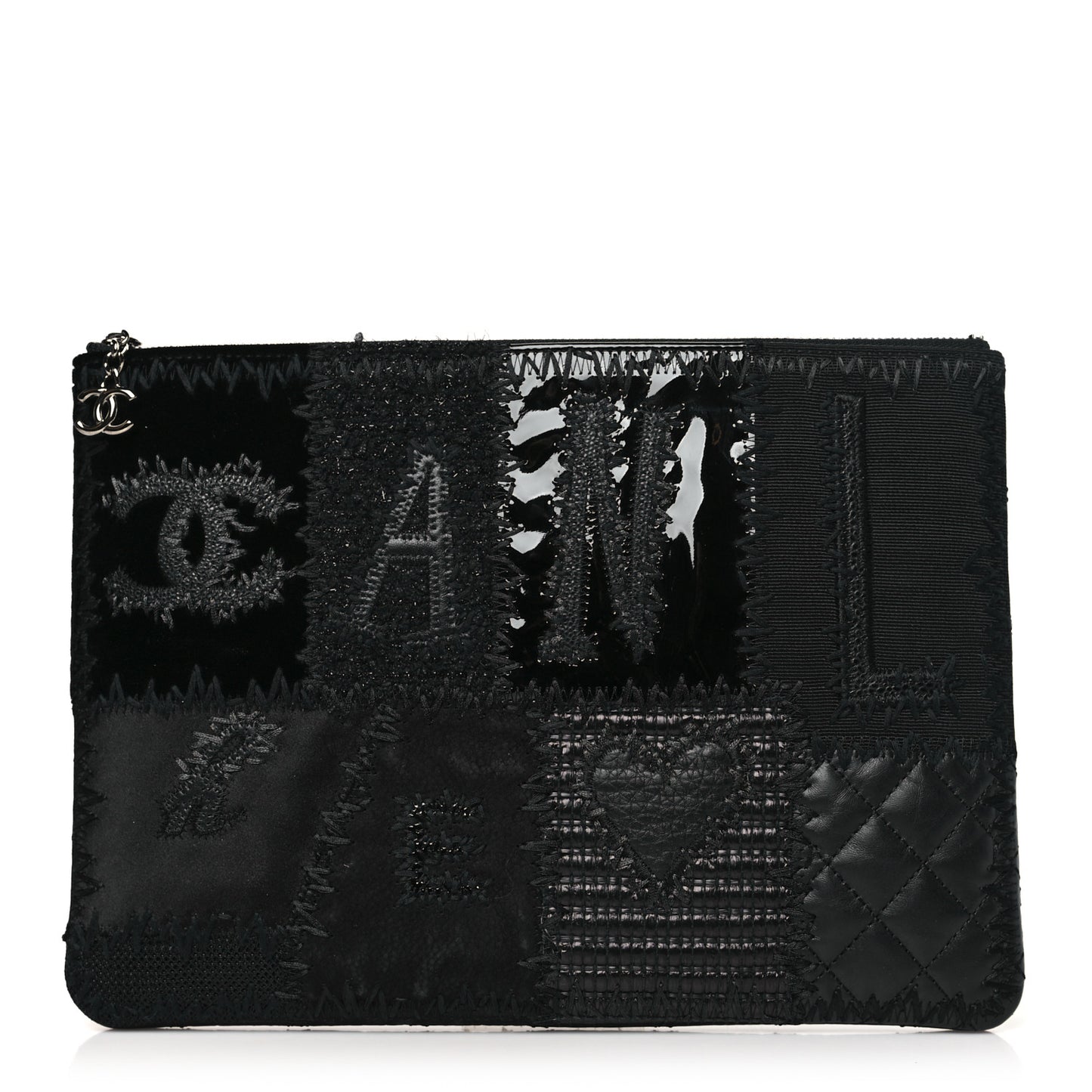 Tweed Patchwork Aged Calfskin Quilted Medium Cosmetic Case Black