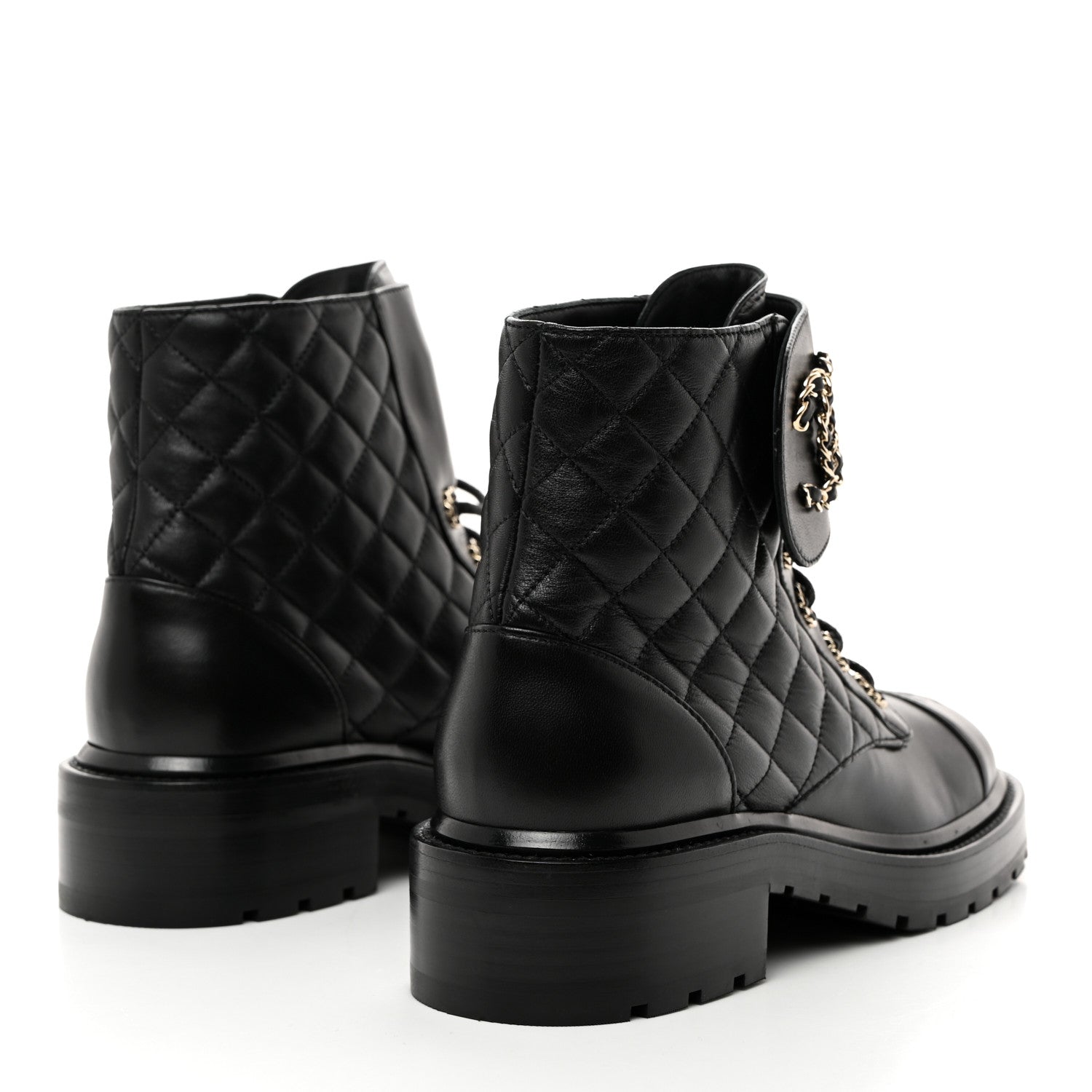 Chanel Shiny Lambskin Quilted Lace Up Combat Boots 38.5 Black 4 of 8