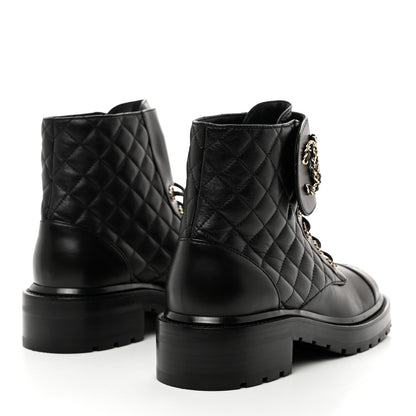 Chanel Shiny Lambskin Quilted Lace Up Combat Boots 38.5 Black 4 of 8