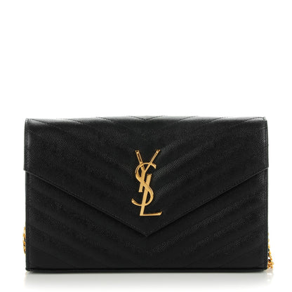 Saint Laurent Grain De Poudre Matelasse Chevron Monogram Chain Wallet Black 1 of 8