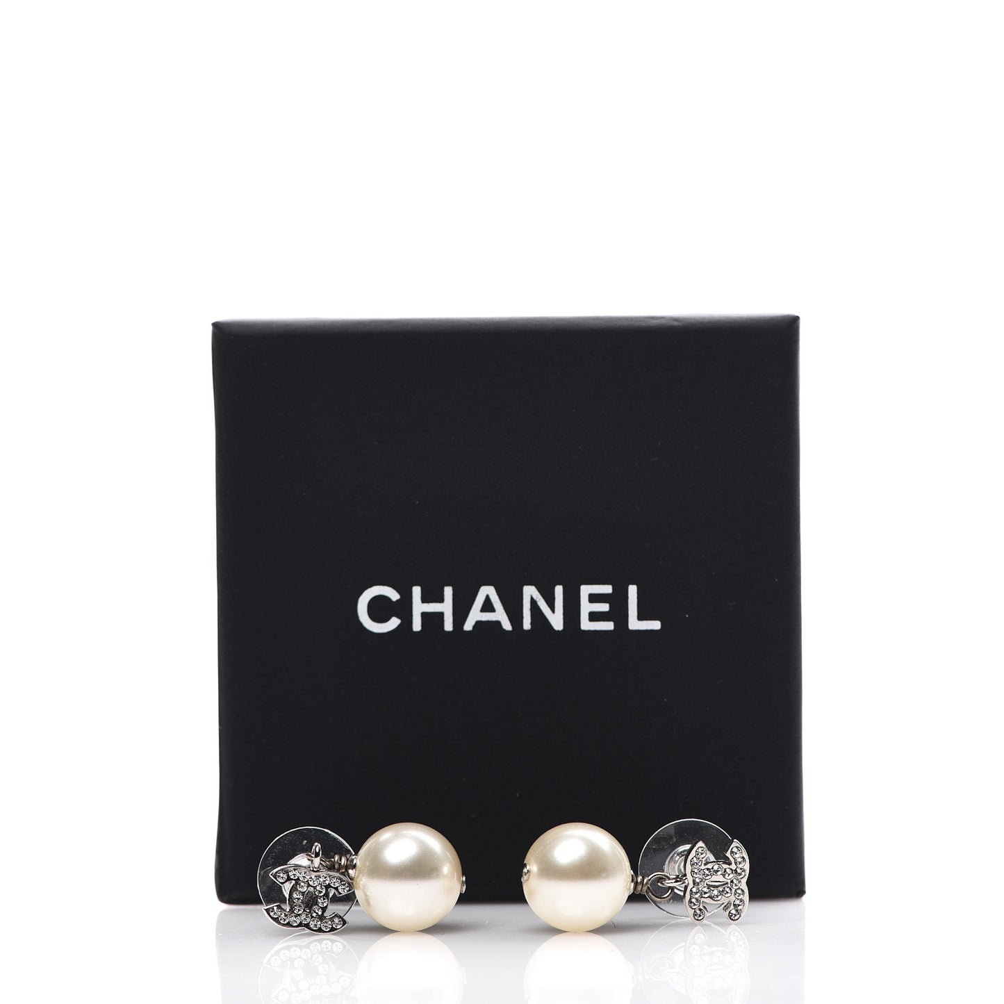 Crystal Pearl CC Drop Earrings Silver Pearly White