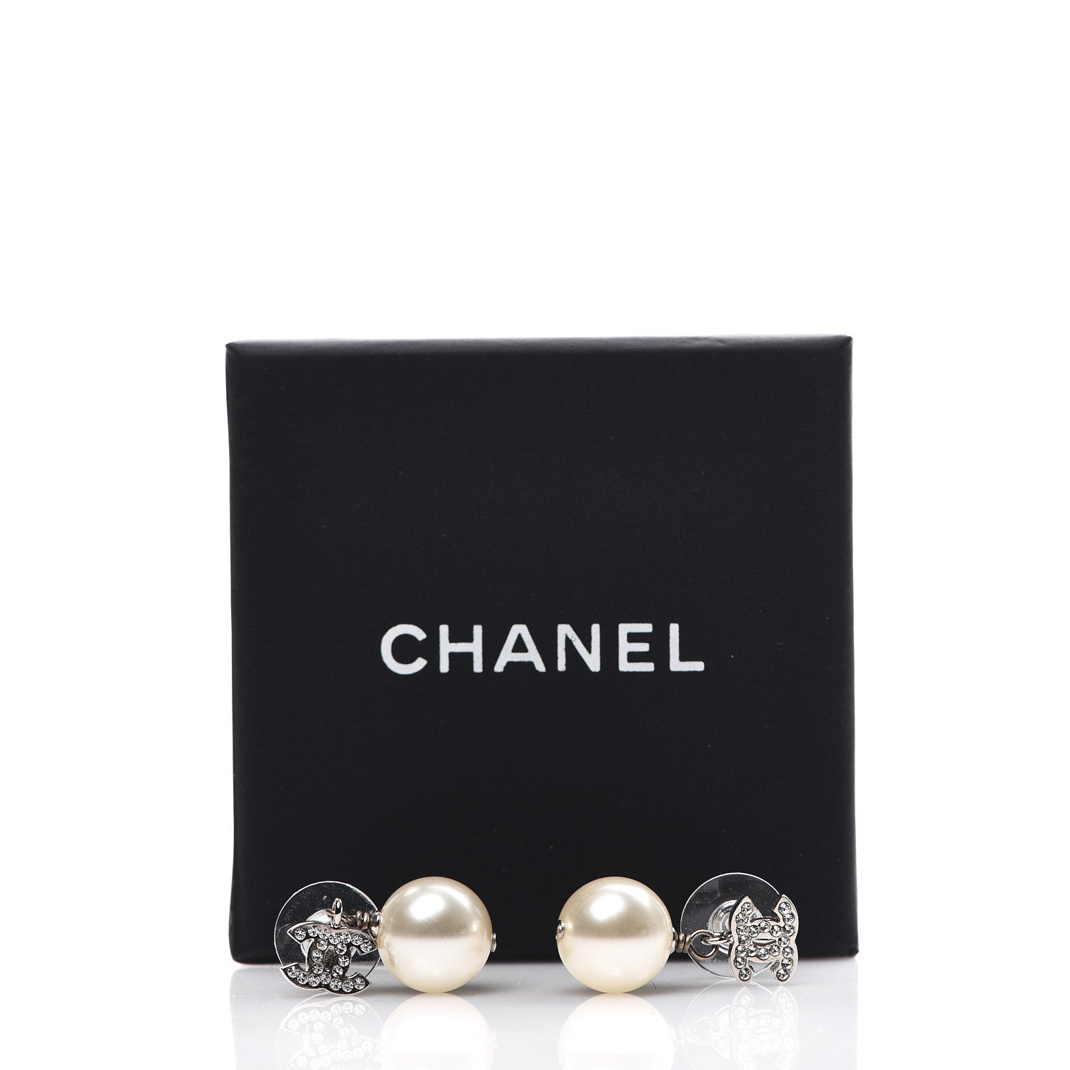 Chanel Crystal Pearl CC Drop Earrings Silver Pearly White 5 of 5