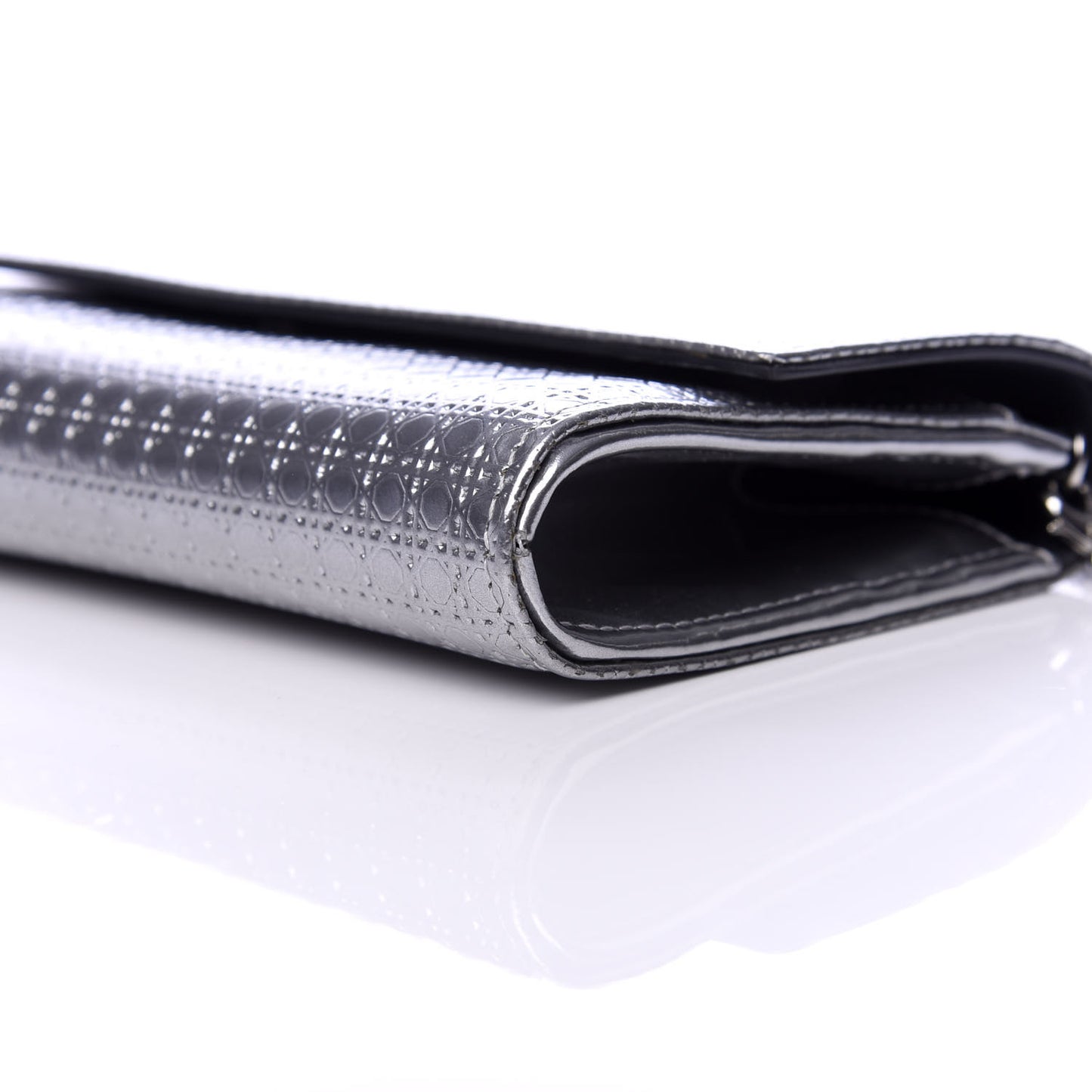 Metallic Patent Micro-Cannage Lady Dior Croisiere Chain Wallet Silver