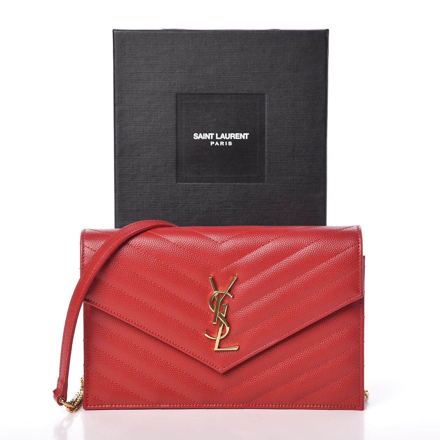 Grain De Poudre Matelasse Chevron Monogram Envelope Chain Wallet New Red