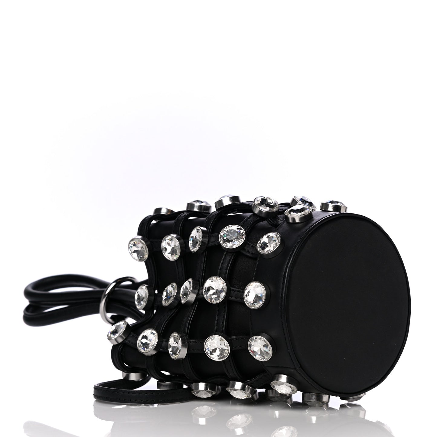 Calfskin Crystal Embellished Roxy Mini Bucket Bag Black