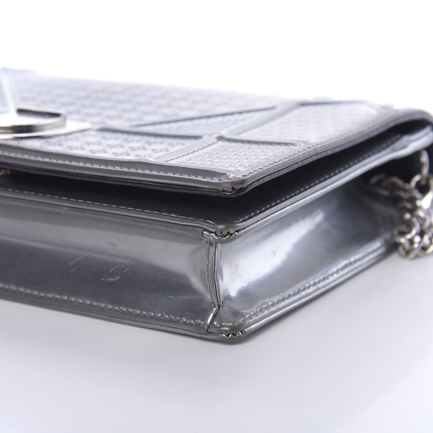Metallic Patent Micro-Cannage Diorama Wallet on Chain Pouch Silver