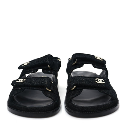 Chanel Suede Calfskin Glitter Crystal Velcro Dad Sandals 38 Black 2 of 9