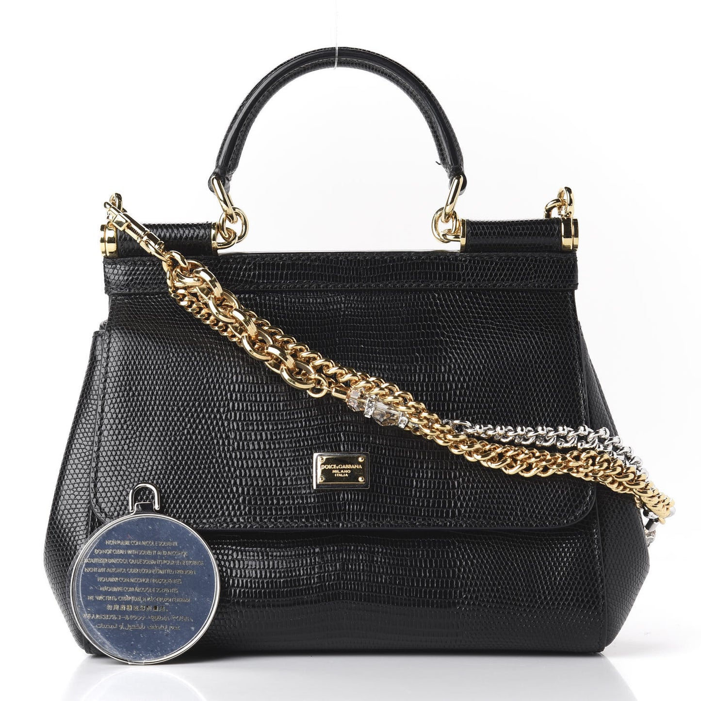 Iguana Embossed Calfskin Small Miss Sicily Chain Satchel Black