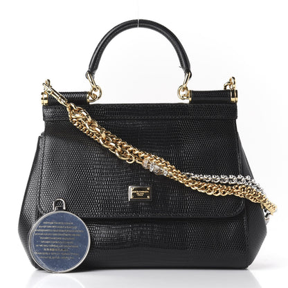 Dolce & Gabbana Iguana Embossed Calfskin Small Miss Sicily Chain Satchel Black 10 of 11