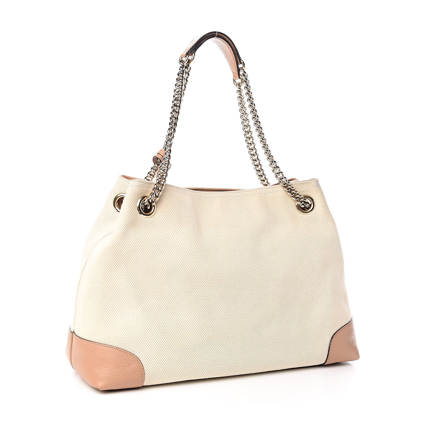 Gucci Linen Canvas Pebbled Calfskin Medium Soho Chain Shoulder Bag White Camelia 3 of 14
