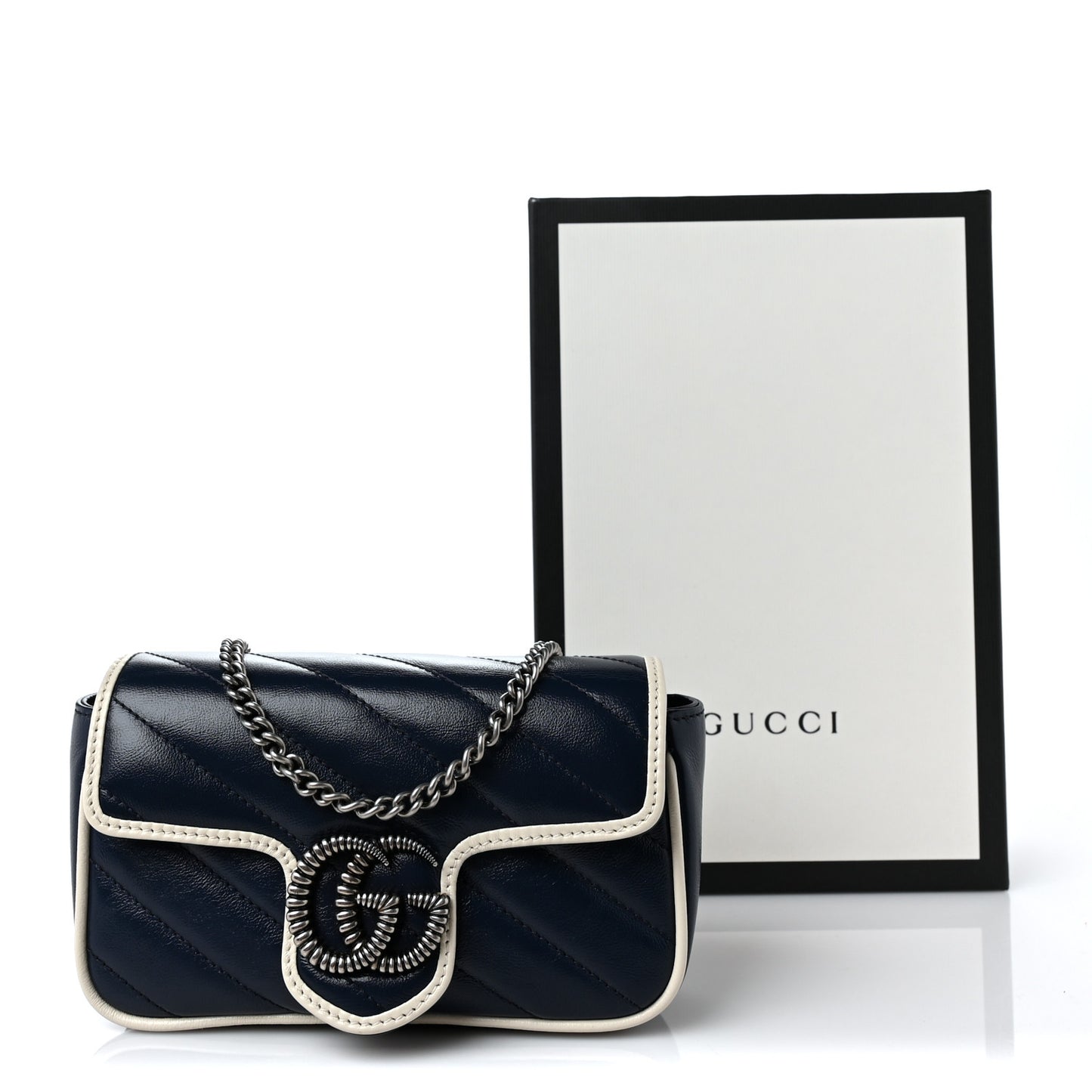 Vintage Effect Calfskin Matelasse Diagonal Super Mini Torchon GG Marmont Shoulder Bag Blue Agata Mystic White