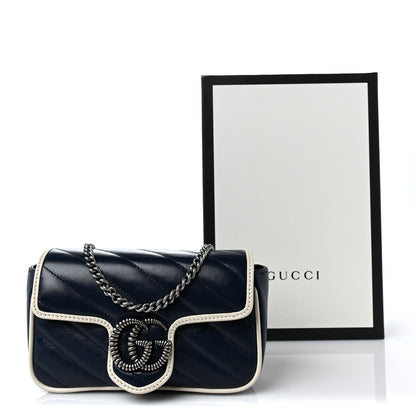 Gucci Vintage Effect Calfskin Matelasse Diagonal Super Mini Torchon GG Marmont Shoulder Bag Blue Agata Mystic White 10 of 10