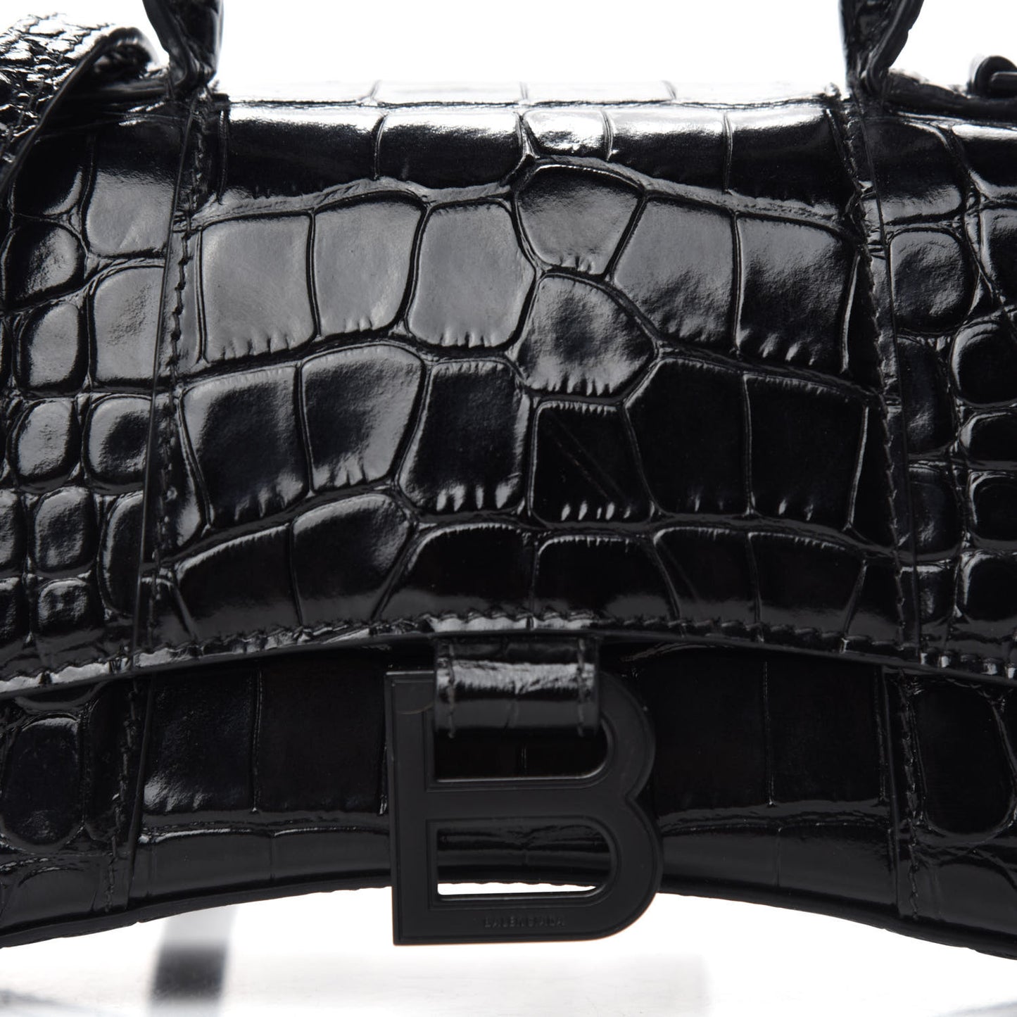 Shiny Calfskin Monochrome Crocodile Embossed Hourglass Top Handle Bag XS Black