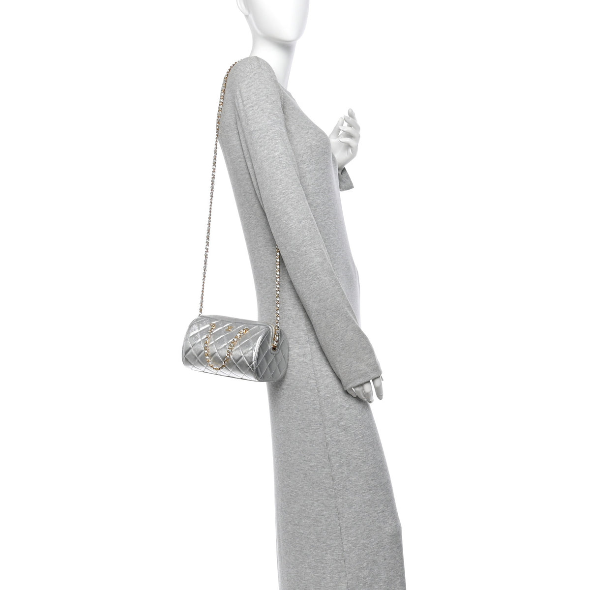 Metallic Caviar Quilted Barrel Clutch With Chain Silver