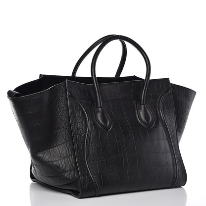 Celine Crocodile Embossed Calfskin Medium Phantom Luggage Black 3 of 8
