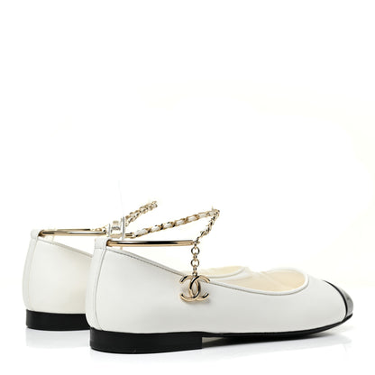 Chanel Lambskin Patent Calfskin Cap Toe Ankle Chain Ballerina Flats 37.5 White Black 4 of 8