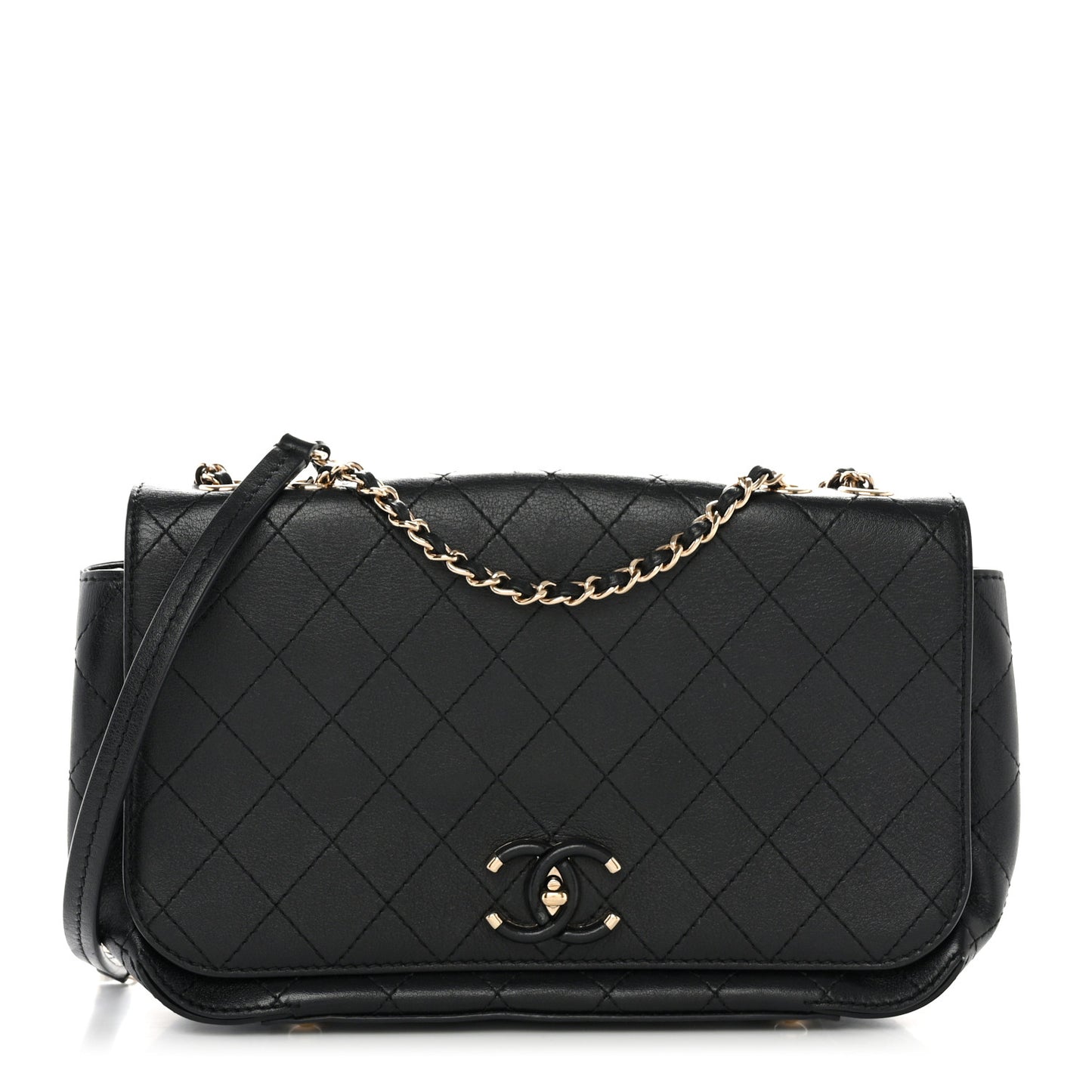 Calfskin Stitched Medium Covered CC Flap Bag Black