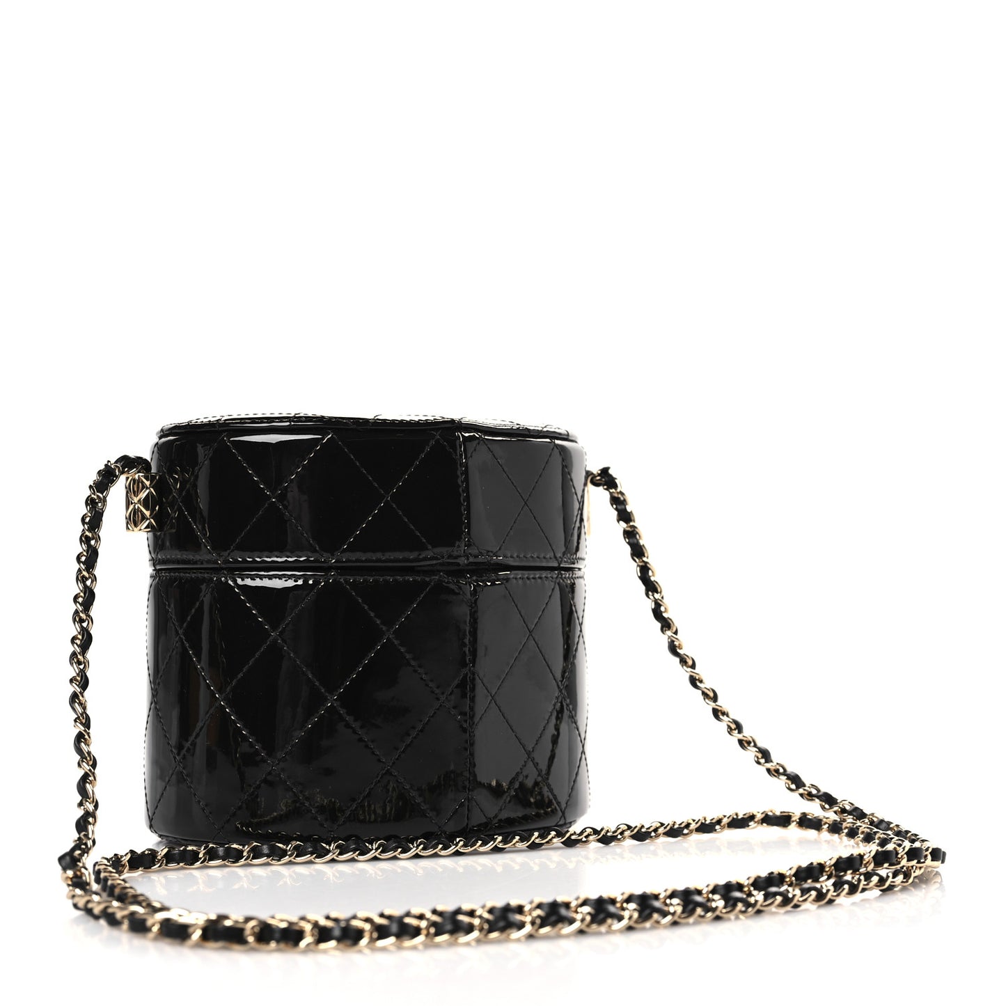 Patent Quilted Round Clutch With Chain Black