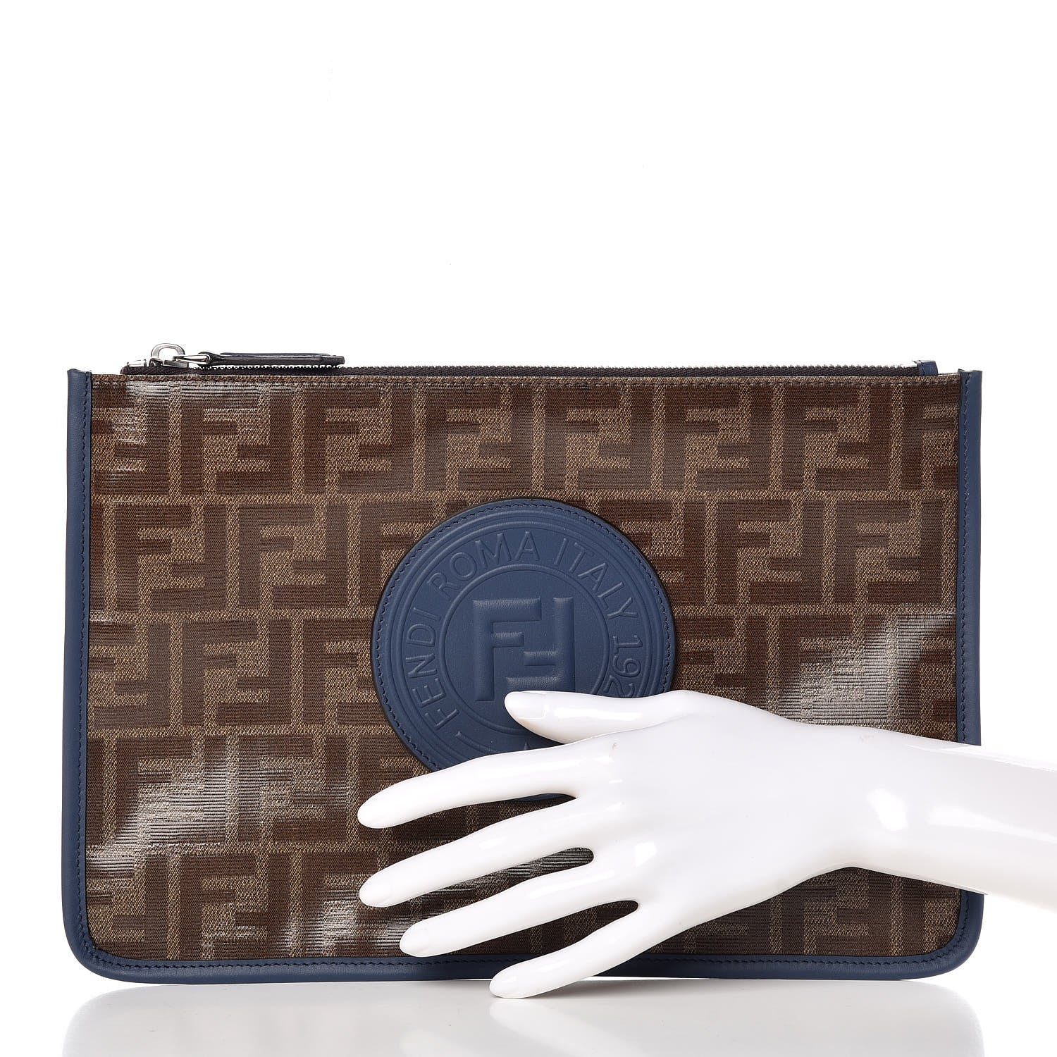 Fendi Glazed Fabric Vitello Century FF 1974 Stamp Patch Flat Pouch Mogano Panna Iris 2 of 8
