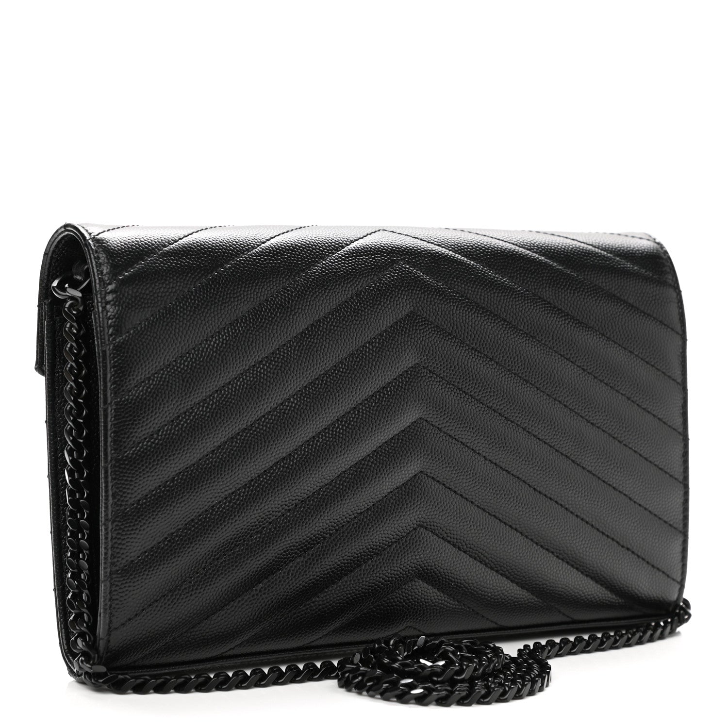 Saint Laurent Grain De Poudre Matelasse Chevron Monogram Chain Wallet Black 3 of 10