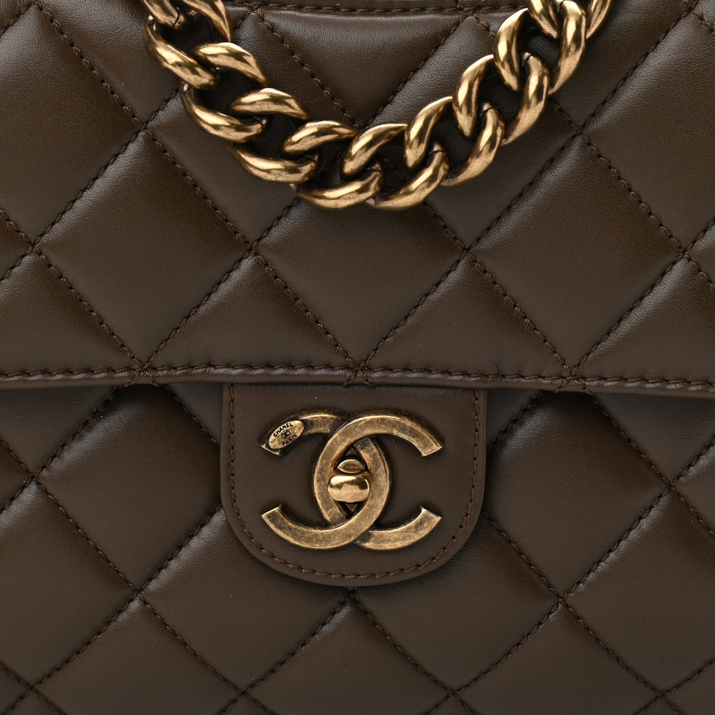 Glazed Calfskin Quilted Large Perfect Edge Flap Kaki