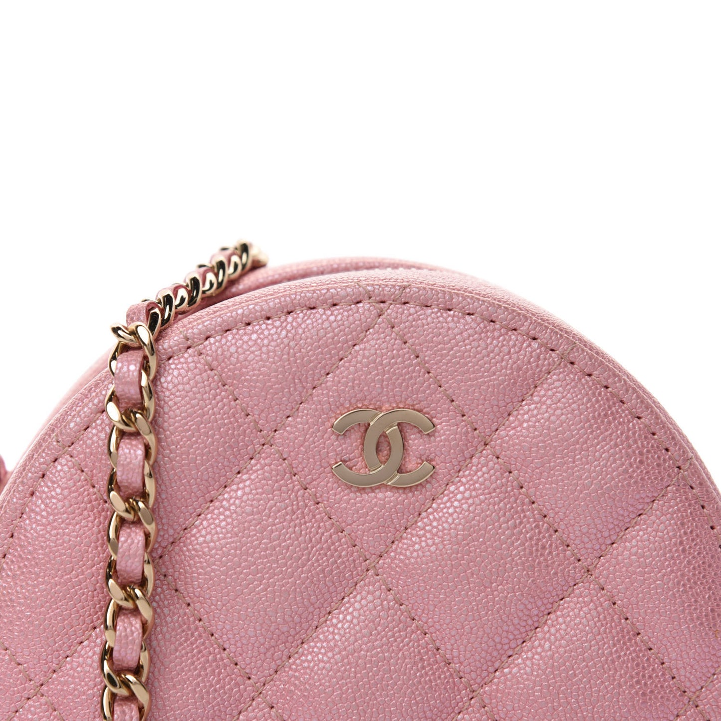 Iridescent Caviar Quilted Round Clutch With Chain Pink