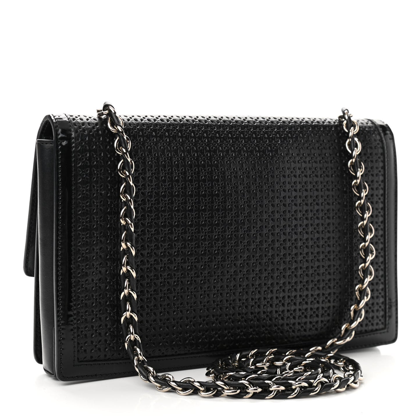 Perforated Calfskin Patent Ginny Bow Crossbody Bag Black