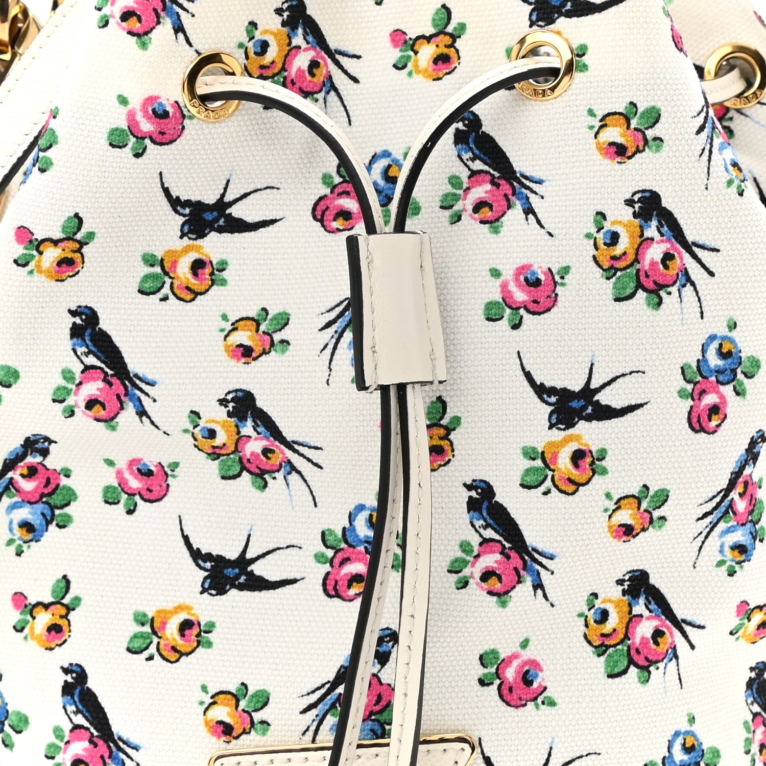 Prada Wicker Canvas Floral Print Bucket Bag White Multicolor 9 of 11